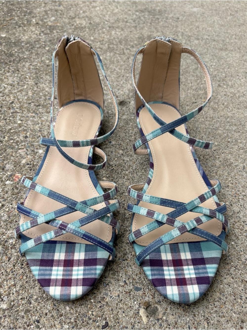 J. Crew Cary Teal and Navy Plaid Mini Wedge Ankle-Tie Sandals Size 7.5